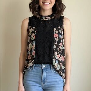 SELF ESTEEM Floral Lace Sleeve Top, Women’s Size M, Black Multicolor
